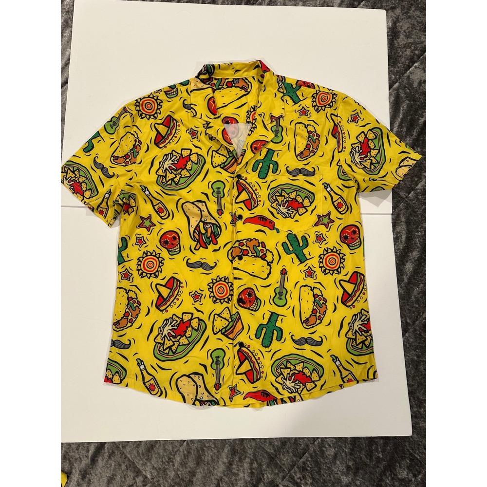 Mexican Food Print Top/Short Set Men's Size Medium Yellow EUC - Picture 3 of 11